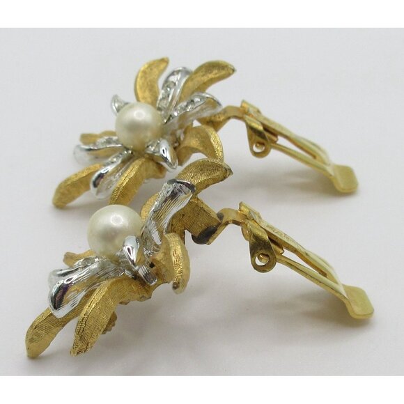 Vintage Judy Lee Gold Silver Tone Rhinestone Pearl Brooch Clip-on Earrings Set - Picture 6 of 13